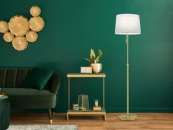 LED Stehleuchte Messing mit Stoffschirm Weiß, höhenverstellbar 138 - 180cm