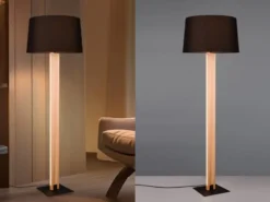 LED Stehleuchte mit beleuchtetem Holzkorpus und Stoffschirm, H: 150cm