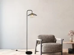 LED Stehleuchte mit Gitter Lampenschirm Schwarz Gold, Höhe 155cm