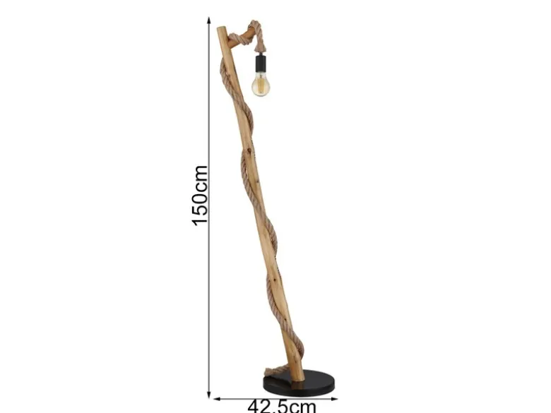 LED Stehleuchte mit Hanfseil und Holzstab, Höhe 150cm
