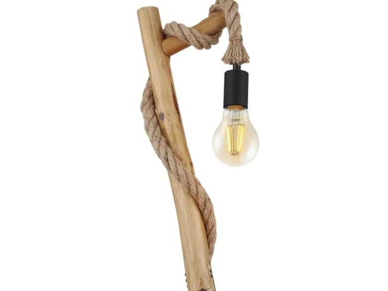 LED Stehleuchte mit Hanfseil und Holzstab, Höhe 150cm
