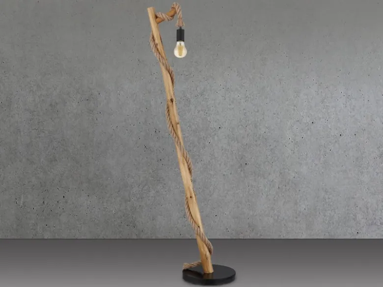 LED Stehleuchte mit Hanfseil und Holzstab, Höhe 150cm