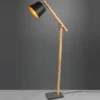 LED Stehleuchte mit Holz und Metall Lampenschirm Schwarz-Gold, Höhe 156cm