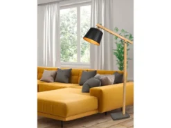 LED Stehleuchte mit Holz und Metall Lampenschirm Schwarz-Gold, Höhe 156cm