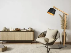 LED Stehleuchte mit Holz und Metall Lampenschirm Schwarz-Gold, Höhe 156cm