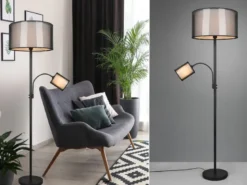 LED Stehleuchte mit Leselicht & Stoff Organza Schwarz innen Weiß, 174cm