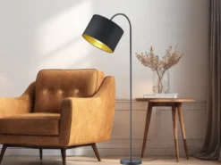 LED Stehleuchte mit Textil Lampenschirm Schwarz/Gold, Höhe 156cm