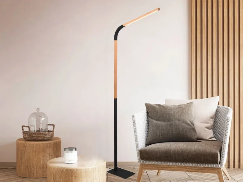 LED Stehleuchte NORRIS Schwarz mit Holzelementen, Höhe 140cm