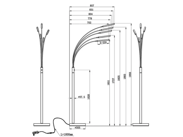 LED Stehleuchte REED 5 Arme Metall Silber, dimmbar - 195cm hoch