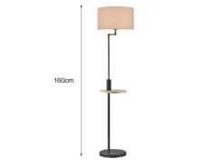 LED Stehleuchte Schwarz matt mit Stoffschirm, Ablagetisch & USB Anschluss, 160cm