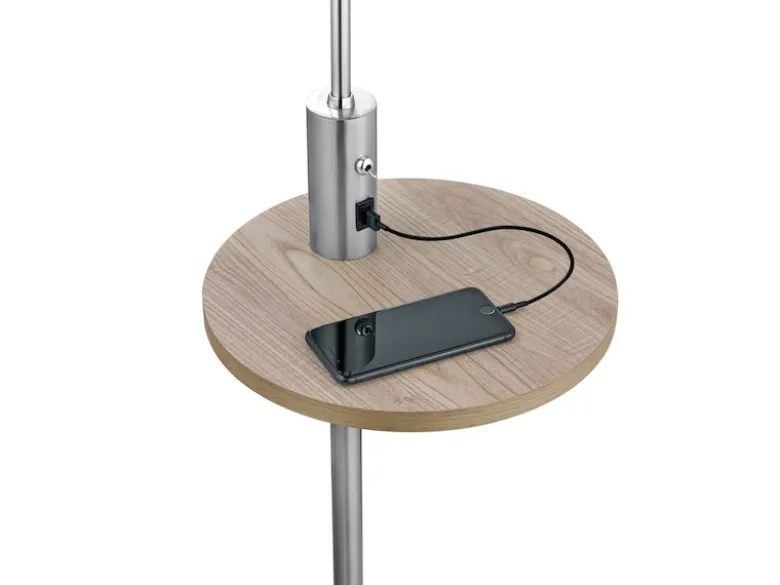 LED Stehleuchte Silber matt mit Stoffschirm, Ablagetisch & USB Anschluss, 160cm