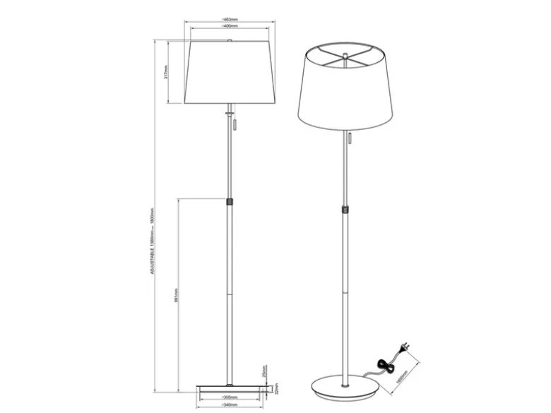 LED Stehleuchte Silber mit Stoffschirm Weiß, höhenverstellbar 138 - 180cm