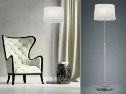 LED Stehleuchte Silber mit Stoffschirm Weiß, höhenverstellbar 138 - 180cm
