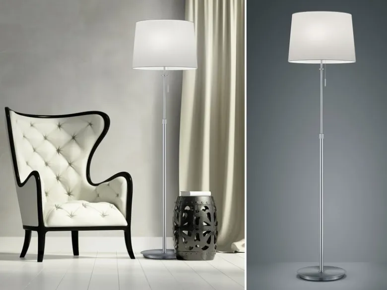 LED Stehleuchte Silber mit Stoffschirm Weiß, höhenverstellbar 138 - 180cm