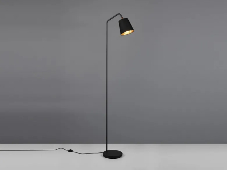 LED Stehleuchte Spot schwenkbar, Metall & Stoffschirm Schwarz/Gold, Höhe 148cm