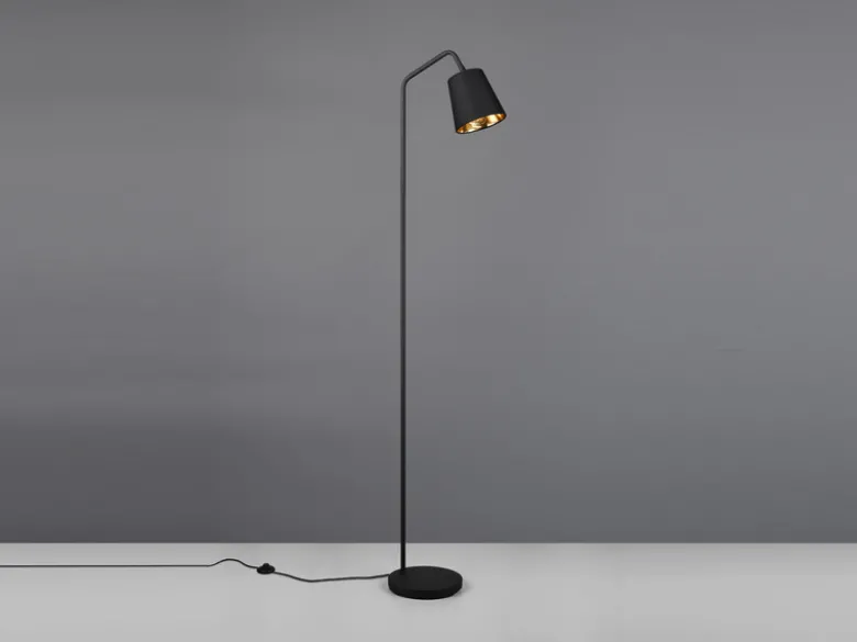 LED Stehleuchte Spot schwenkbar, Metall & Stoffschirm Schwarz/Gold, Höhe 148cm