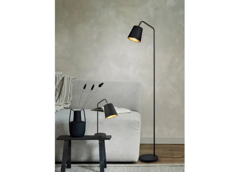 LED Stehleuchte Spot schwenkbar, Metall & Stoffschirm Schwarz/Gold, Höhe 148cm