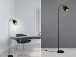 LED Stehleuchte Spot schwenkbar, Metall & Stoffschirm Schwarz/Gold, Höhe 148cm