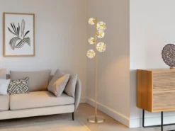 LED Stehleuchte VIRINA Gold mit fünf Kugeln aus K9 Kristallen, Höhe 155cm