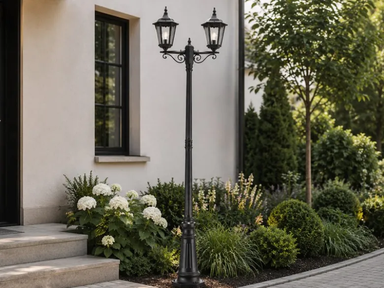 LED Straßenlaterne Aluminium Schwarz, E27 Gartenlaterne 2-flammig, Höhe 220cm