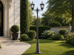LED Straßenlaterne Aluminium Schwarz, E27 Gartenlaterne 2-flammig, Höhe 220cm