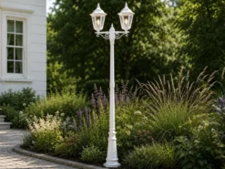 LED Straßenlaterne Aluminium Weiß, E27 Gartenlaterne 2-flammig, Höhe 220cm