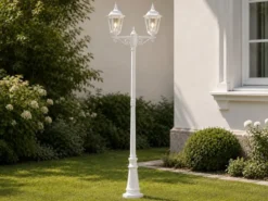LED Straßenlaterne Aluminium Weiß, E27 Gartenlaterne 2-flammig, Höhe 220cm