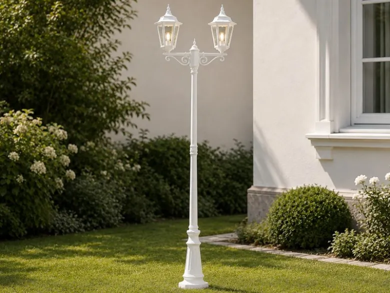 LED Straßenlaterne Aluminium Weiß, E27 Gartenlaterne 2-flammig, Höhe 220cm