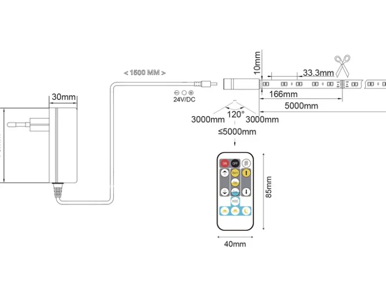 LED Streifen CHIP mit Fernbedienung & Dimmer, Lichtfarbe einstellbar - 5 Meter