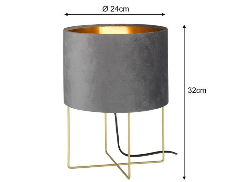 LED Tischeuchte mit Lampenschirm Samt Grau - innen Gold, Höhe 32cm