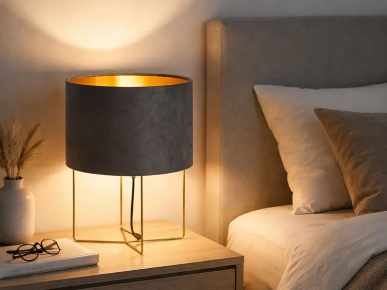 LED Tischeuchte mit Lampenschirm Samt Grau - innen Gold, Höhe 32cm