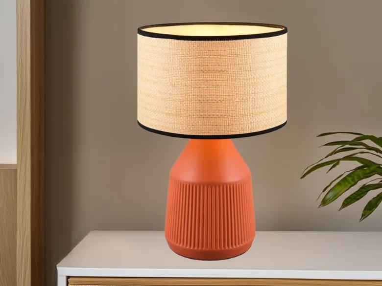 LED Tischlampe dimmbar, Keramikfuß Terrakotta, Papierschirm geflochten, H43cm