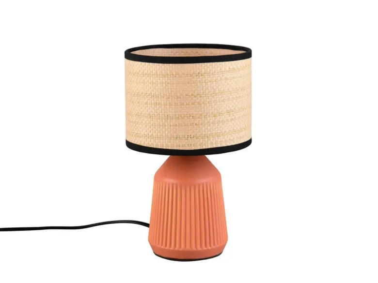 LED Tischlampe dimmbar, Keramikfuß Terrakotta, Papierschirm geflochten, H 26,5cm