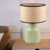 LED Tischlampe dimmbar, Keramikfuß Grün, Papierschirm geflochten, Höhe 43cm
