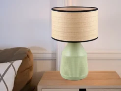 LED Tischlampe dimmbar, Keramikfuß Grün, Papierschirm geflochten, Höhe 43cm