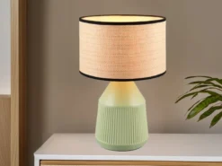 LED Tischlampe dimmbar, Keramikfuß Grün, Papierschirm geflochten, Höhe 43cm