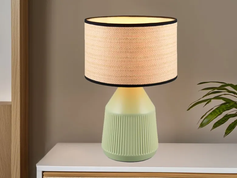 LED Tischlampe dimmbar, Keramikfuß Grün, Papierschirm geflochten, Höhe 43cm