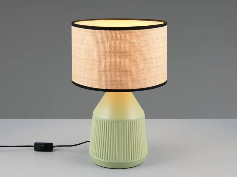 LED Tischlampe dimmbar, Keramikfuß Grün, Papierschirm geflochten, Höhe 43cm