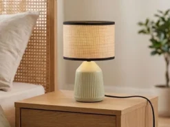 LED Tischlampe dimmbar, Keramikfuß Grün, Papierschirm geflochten, Höhe 26,5cm