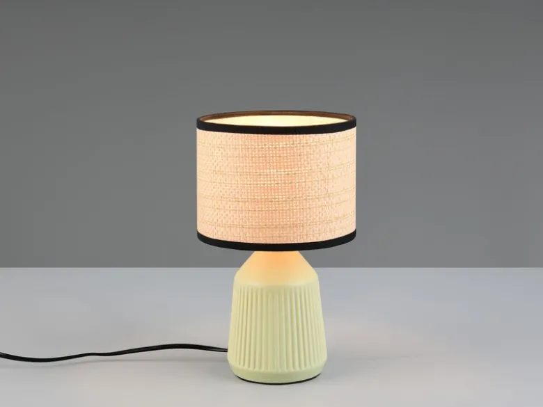 LED Tischlampe dimmbar, Keramikfuß Grün, Papierschirm geflochten, Höhe 26,5cm