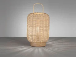 LED Tischlampe dimmbar, Laterne aus Holz & Korbgeflecht, Höhe 28,5cm