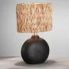 LED Tischlampe Keramikfuß Schwarz mit Seegras Lampenschirm, Höhe 38,5cm