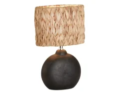 LED Tischlampe Keramikfuß Schwarz mit Seegras Lampenschirm, Höhe 38,5cm