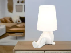 LED Tischlampe Keramik Weiß mit Stoffschirm, Höhe 24,5cm