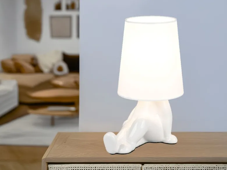 LED Tischlampe Keramik Weiß mit Stoffschirm, Höhe 24,5cm