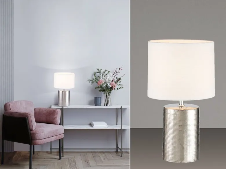 LED Tischlampe mit Keramikfuß Silber Antik & Stoffschirm Leinen Weiß, Höhe 35cm