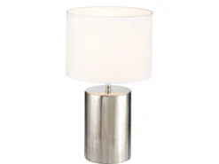 LED Tischlampe mit Keramikfuß Silber Antik & Stoffschirm Leinen Weiß, Höhe 43cm