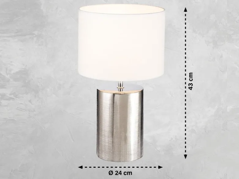 LED Tischlampe mit Keramikfuß Silber Antik & Stoffschirm Leinen Weiß, Höhe 43cm