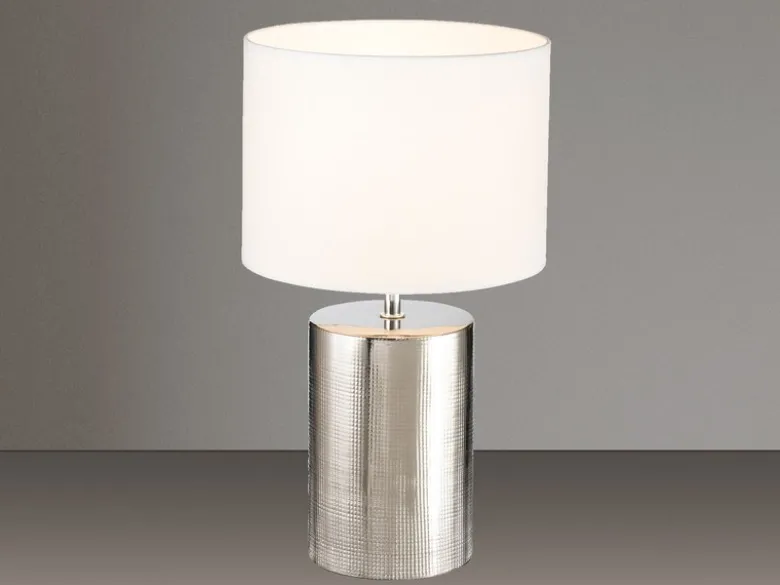 LED Tischlampe mit Keramikfuß Silber Antik & Stoffschirm Leinen Weiß, Höhe 43cm