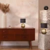 LED Tischlampe mit Keramikfuß Bronze Antik & Stoffschirm Schwarz Gold, Höhe 53cm